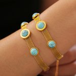 New Wide Mesh round Turquoise Bracelet Retro Personality Design Stainless Steel Plated 18K Gold Accessories