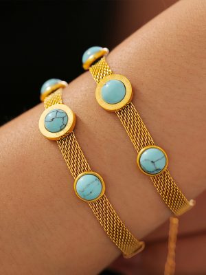 New Wide Mesh round Turquoise Bracelet Retro Personality Design Stainless Steel Plated 18K Gold Accessories