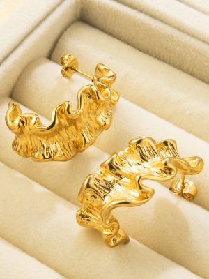 INS Stainless Steel Pleated Wave Earrings Design Advanced 18K Gold-Plated Earrings