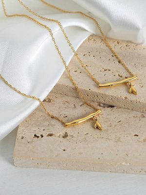 New Premium Light Luxury and Simplicity Bamboo Section Bamboo Leaf Stainless Steel Gold Plated Pendant Necklace Female Accessories