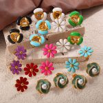 Retro Hong Kong Oil-Spot Glaze Flowers Stud Earrings Stainless Steel 18K Gold Plating Simple and Compact Pearl Earrings for Women