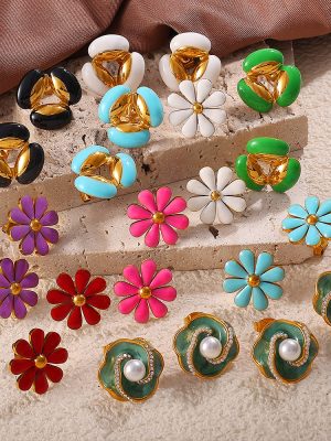 Retro Hong Kong Oil-Spot Glaze Flowers Stud Earrings Stainless Steel 18K Gold Plating Simple and Compact Pearl Earrings for Women