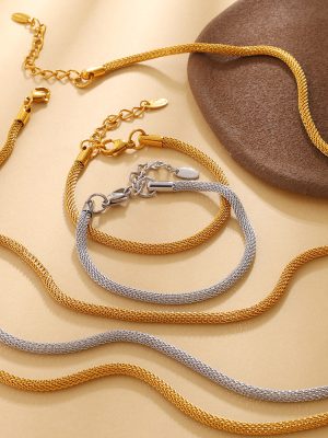 Minimalist Snake Bones Chain Bracelet Necklace Stainless Steel 18K Gold Plated All-Match Twin Lock Set