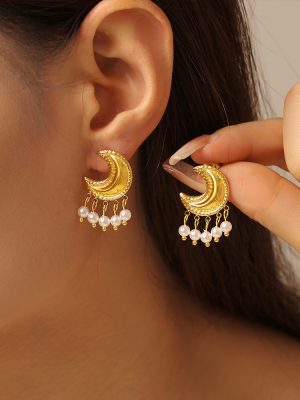 Temperament Entry Lux Moon Tassel Artificial Pearl Earrings Irregular Geometric Stainless Steel Earrings