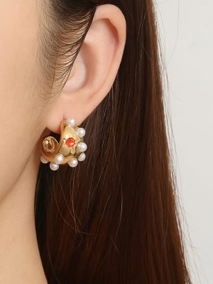 Stainless Steel Inlaid Pearl Zircon Earrings Women's Light Luxury 18K Ear Studs Earrings