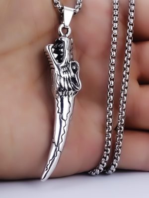 Stainless steel wolf tooth pendant necklace with square pearls, vintage wolf head design.