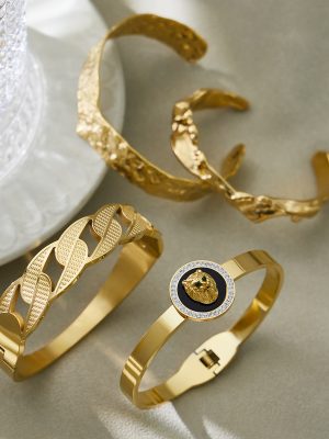 Hammered Heavy Industry Stainless Steel Open-Ended Bracelet Combination 18K Gold Plating Lion's Head Elastic Bracelet Ornament