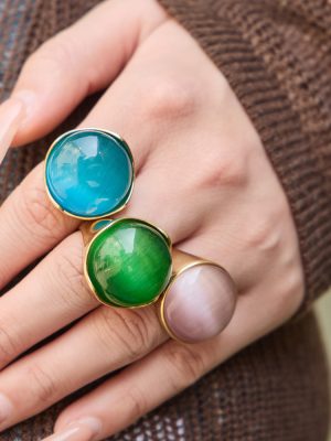Retro Stainless Steel Three-Color Opal Ring Female Light Luxury 18K Real Gold Color Retention Ring Bracelet