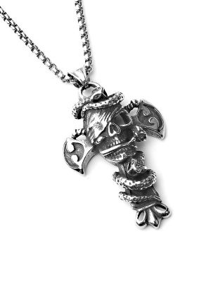Punk Stainless Steel Snake Skull Pendant Necklace Retro Trendy Men's Cross Pendant