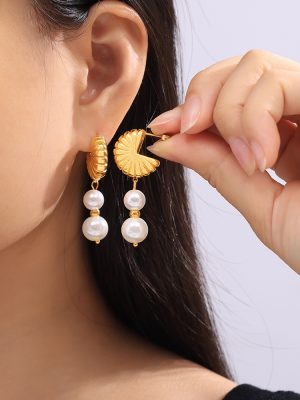 French Style Personalized Texture Fan Surface Design Cold Ornament Stitching Natural Stone Shell Bead Pendant Stainless Steel Earrings
