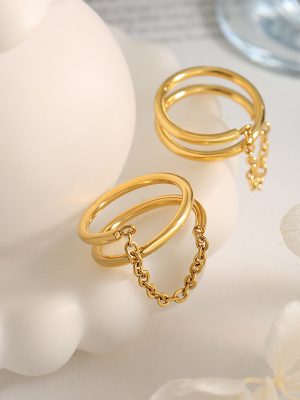 Retro Simple Temperamental Index Finger Double-Layer Ring Small Chain Ring Female Stainless Steel 18K Gold Plating Non-Fading A107