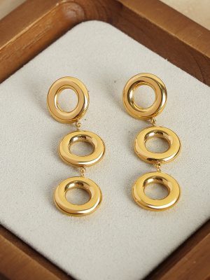 New Design Simple Personality Stainless Steel Gold Plated Geometric round Bracelet Long Earrings Jewelry