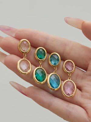Stainless Steel Gold-Plated Oval Glass Stone Earrings Simple and Elegant Lady Temperament Earrings Exquisite Earrings