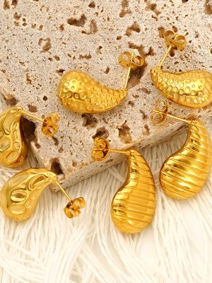 18K Gold Water Drop Stainless Steel All-Match Stud Earrings Women's Advanced Hammered Earrings Jewelry