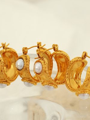 French Style 18K Gold Stainless Steel C- Shaped Inlaid Rubber Beads Earrings Non-Fading Light Luxury Temperament Ear Studs
