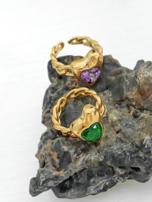 New High-Grade Stainless Steel Gold-Plated Non-Fading Bracelet Purple Zircon Face Cleaning Gel Heart-Shaped Ring Ornament Women