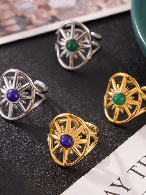 Hollow round Brand Eight Awn Star Inlaid Natural Turquoise Design Personality Simple Stainless Steel Plated Open Ring