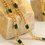 Hip Hop Cuban Thick Chain Inlaid Green Glass Stone Pendant Necklace Bracelet Jewelry Set Does Not Fade