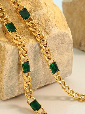 Hip Hop Cuban Thick Chain Inlaid Green Glass Stone Pendant Necklace Bracelet Jewelry Set Does Not Fade