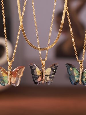 Bohemian Stainless Steel Necklace Multicolor Resin Butterfly Shape Copper Pendant Diamond-Studded Design Ornament OL