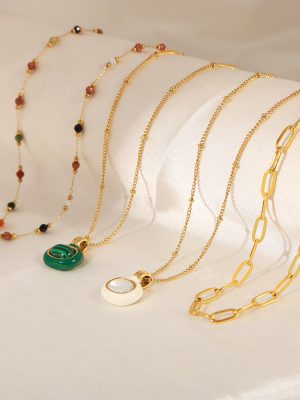 New Simple Personality Design Stainless Steel Gold Plated Natural Stone Pendant Necklace Twin Ornament Women