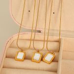 French Style Cold Square White Sea Shell Pendant Stainless Steel Geometric Glossy Shell Necklace