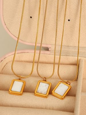 French Style Cold Square White Sea Shell Pendant Stainless Steel Geometric Glossy Shell Necklace