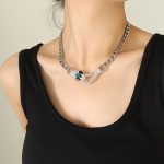 color: P1237-Black Eye Green Head Steel Color Necklace (40+5cm)