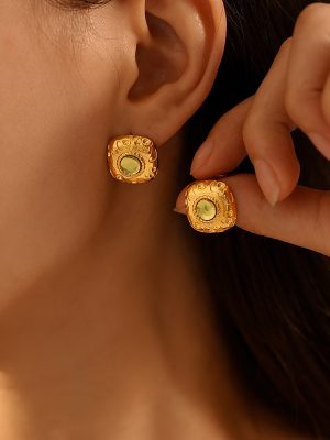 French Retro Square Thread Green Glass Earrings Court Open Ring Set Stainless Steel PVD Plated 18K Real Gold