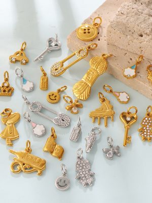 Retro Car Piano Multi-Shape Pendant Stainless Steel 18K Gold Plated DIY All-Match Ornament Accessories