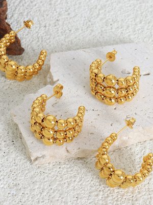 C- Type Semicircle Three-Layer Steel Ball Stitching Design Metal Personality Stainless Steel Gold Plated Earrings