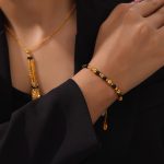 Retro Personality Ornament Geometric Multi-Layer Chain Stitching Agate Stone Beaded Design Stainless Steel Jewelry Set