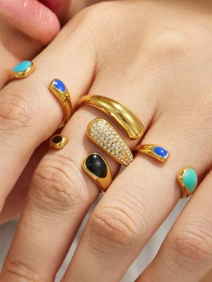 Light Luxury C- Shaped Stainless Steel Dripping Oil Zircon Ring Simple Jewelry Female Ring Combination Set