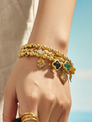 Stainless Steel 18K Gold Plating Four-Leaf Flower Beaded Zircon Glass Stone Pendant Bracelet Ornament Female