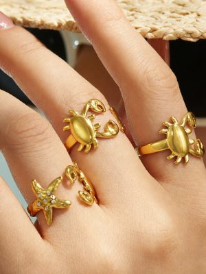 Beach Starfish Crab Inlaid Zircon Stainless Steel Ring Ocean Element Open Ring