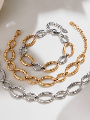 Stainless Steel Room Electric Two-Color Oval Stitching Necklace, Bracelet Set Plated 18K Real Gold Jewelry