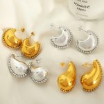 Personalized Stainless Steel Single Row Inlaid Zircon Gold Plated 18K Hollow Drop Shape Earrings Commuting Elegant