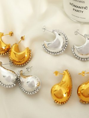 Personalized Stainless Steel Single Row Inlaid Zircon Gold Plated 18K Hollow Drop Shape Earrings Commuting Elegant