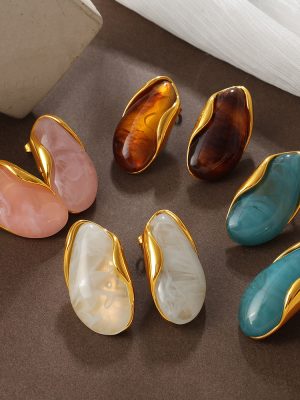 Retro Irregular Amber Pink White Blue Blooming Gold Hemming Earrings Non-Fading 18K Gold Plating Earrings