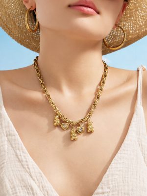 316 Stainless Steel Plated 18K Gold Jewelry Inlaid Zircon Bear Love Pendant Female Necklace