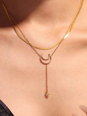 Cloak Moon Inlaid Zircon Tassel Double-Layer Clavicle Necklace Temperamental Bracelet Stainless Steel Simple Set