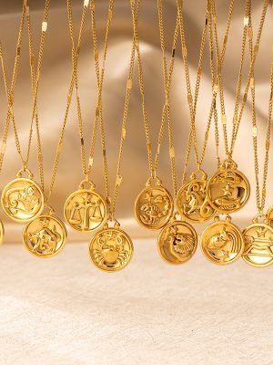 Real Gold Plating Pattern round Plate Pendant Twelve Constellation Stainless Steel Necklace Light Luxury Clavicle Chain