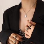 color: P258-Steel Color White Cat's Eye Stone Necklace -40+5cm