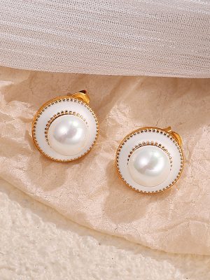French Retro round Pearl Stud Earrings Sweet Light Luxury Advanced Stainless Steel Enamel Earrings Female Accessories