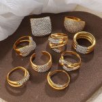 Rhinestone-Encrusted Three-Layer Ring Stainless Steel Simple Design 18K Gold Plating Ring Female