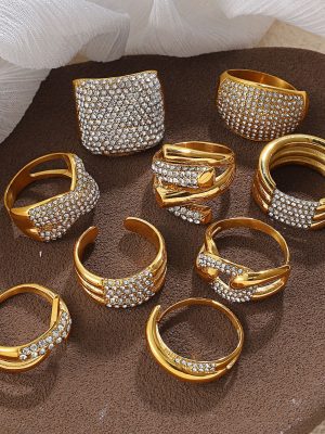 Rhinestone-Encrusted Three-Layer Ring Stainless Steel Simple Design 18K Gold Plating Ring Female