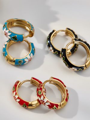 Bohemian Three-Color Enamel Ear Ring Plated 18K Real Gold Drop Oil Flower Stainless Steel Ear Clip Color Retention