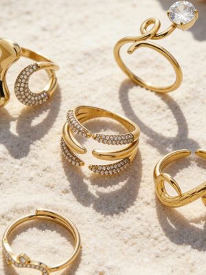Super Flash Stainless Steel Fine Diamond Inlaid Zircon Opening Index Finger Ring Combination 18K Gold Plating Simple Ring