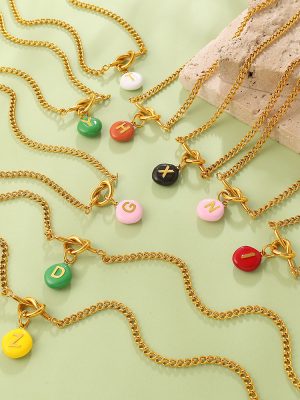 Color Dopamine Imitation Candy Beanie 26 Letter Pendant Knotted Necklace Stainless Steel Clavicle Chain