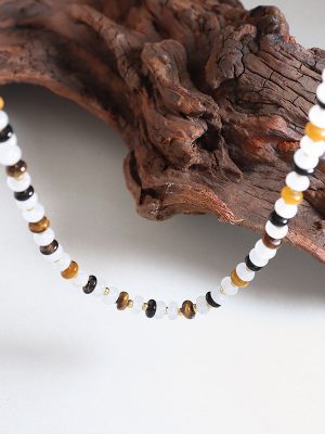Simple Personality Natural White Jade Tigereye Handmade Beaded Black Agate Material Design Women's Necklace Ornament